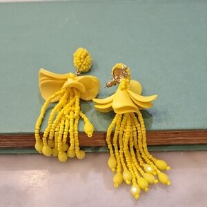 New Chunky Floral Beach Vibes Yellow Beaded Tassel Dangle‎ Earrings